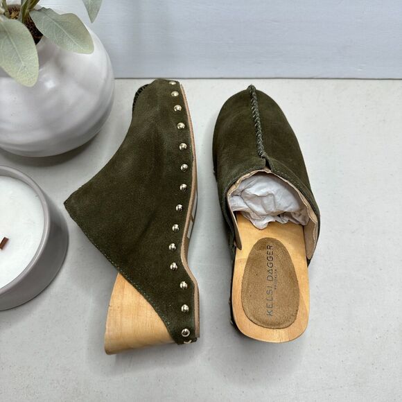 Kelsi Dagger Brooklyn Journal Clogs Suede Mid Heel Olive Women's 6.5 NWB - Picture 8 of 11